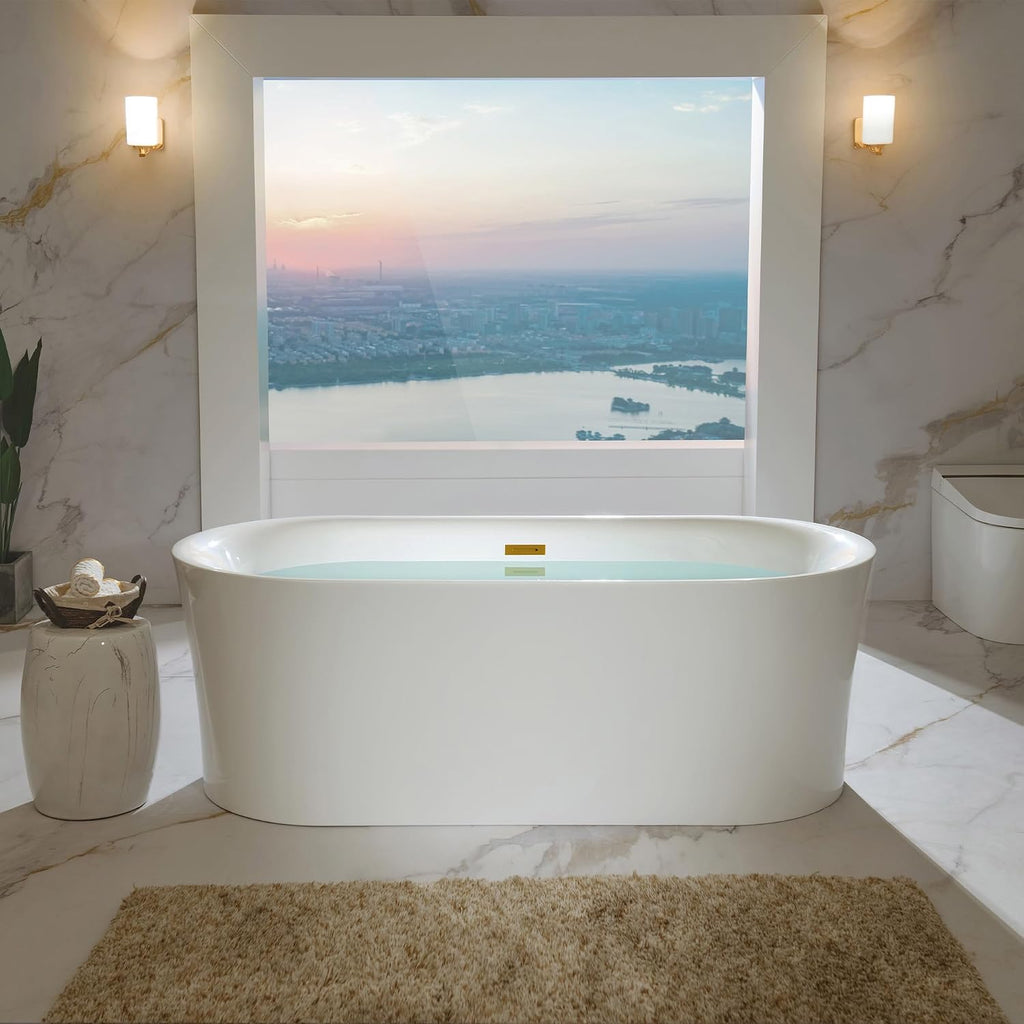 WOODBRIDGE 67' Acrylic Freestanding Bathtub Contemporary Soaking Tub with Brushed Gold Overflow and Drain,White Tub,B0057-BG