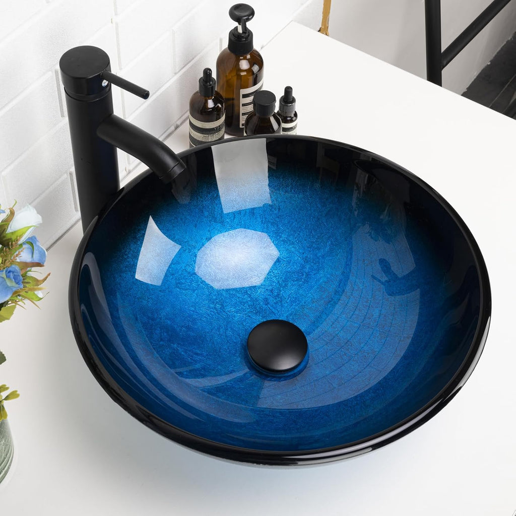 Design Vessel Sink Bathroom Sink above counter Small Vessel Sink Bathroom Sink Bowl Countertop Modern Sinks with faucet and drain combo 16.5' Round Blue New
