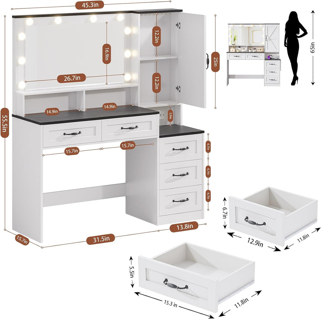 Farmhouse Vanity Desk Makeup Table with Mirror and 10 Lights, 45.3' Large Vanity Desk with Power Outlet, 5 Drawers, 1 Cabinet & 9 Jewelry Hooks, Dressing Table for Women Girls White & Black