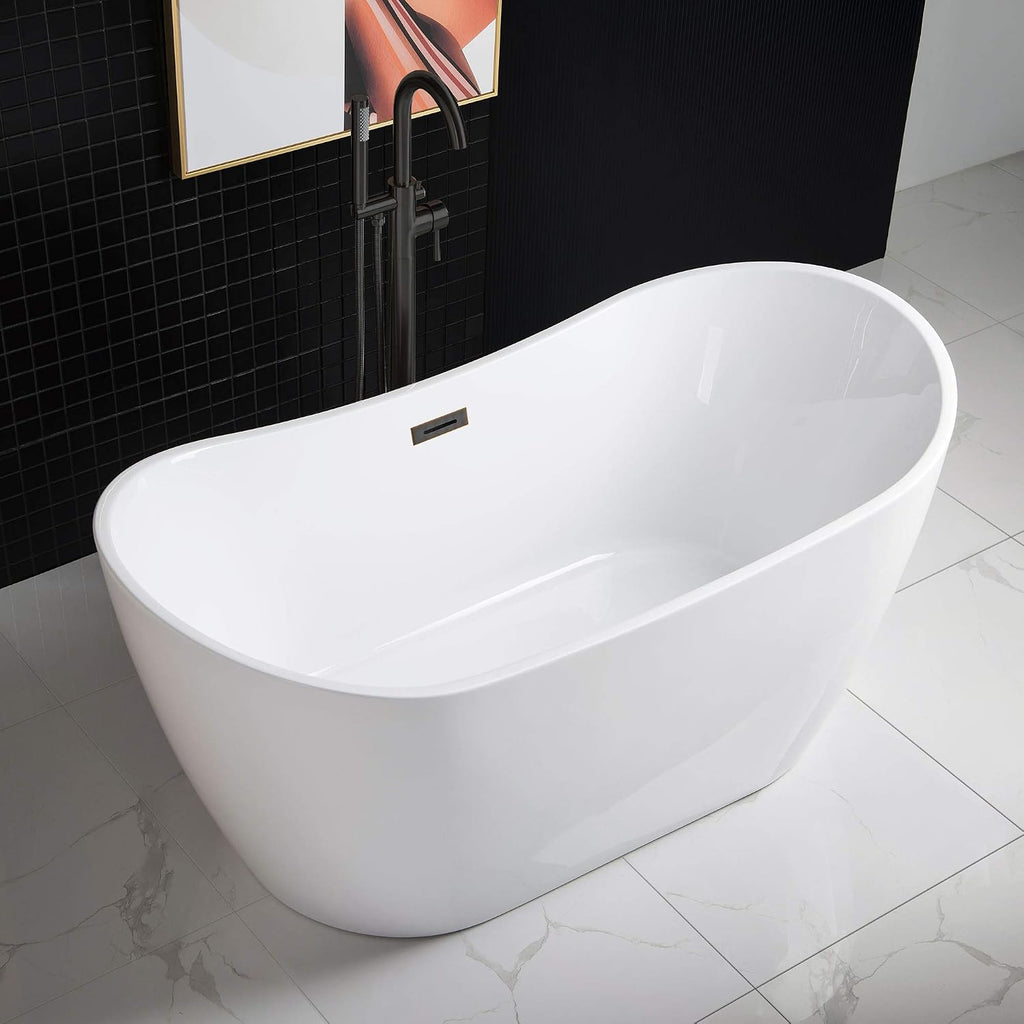 WOODBRIDGE 59' Acrylic Freestanding Bathtub Contemporary Soaking White Tub with Oil Rubbed Bronze Overflow and Drain，B0016 -ORB-Drain &O