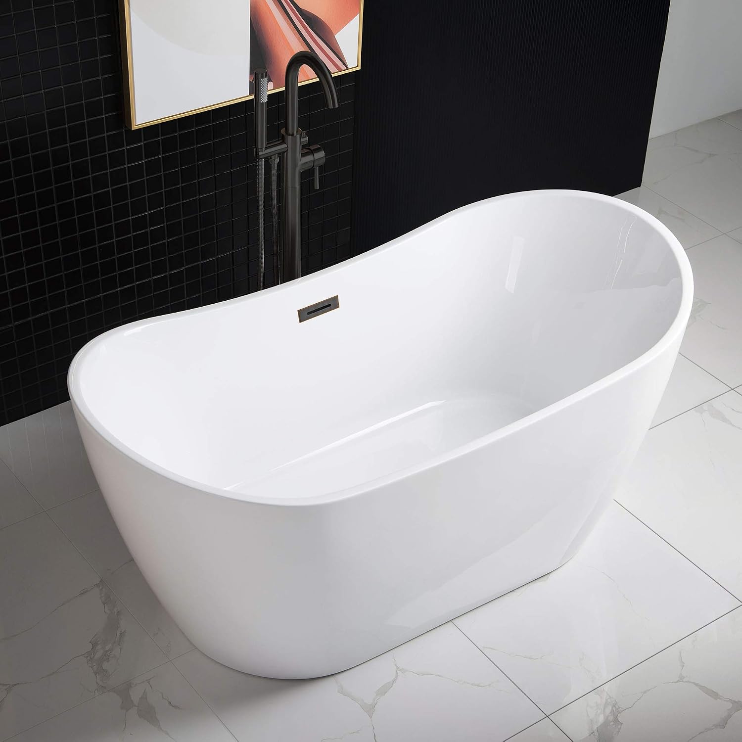 WOODBRIDGE 59' Acrylic Freestanding Bathtub Contemporary Soaking White Tub with Oil Rubbed Bronze Overflow and Drain，B0016 -ORB-Drain &O