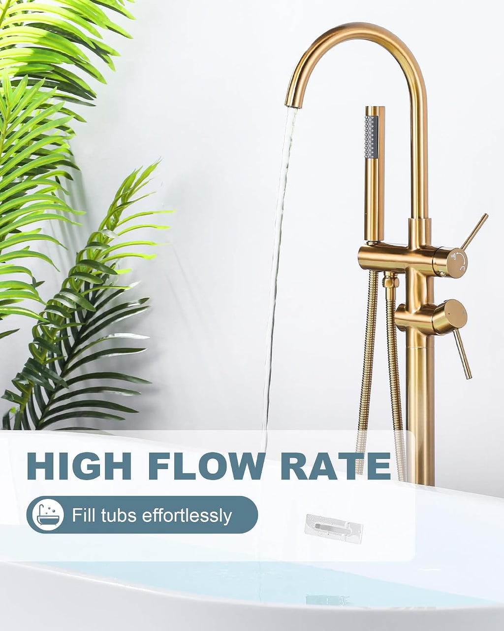 Freestanding Bathtub Faucet Brushed Gold, Floor Mount Tub Filler, High Flow Brass Shower Faucets with Handheld Sprayer for Bath