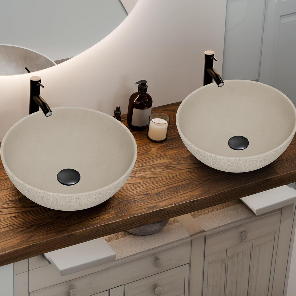 YIMAI Handcrafted Concrete Vessel Sink with Faucet & Drain – Eco-Inspired Coffee Grounds Countertop Basin, 15.7'x5.5', Artisan Brown Cement Bathroom Vanity Bowl for Modern & Luxury Spaces
