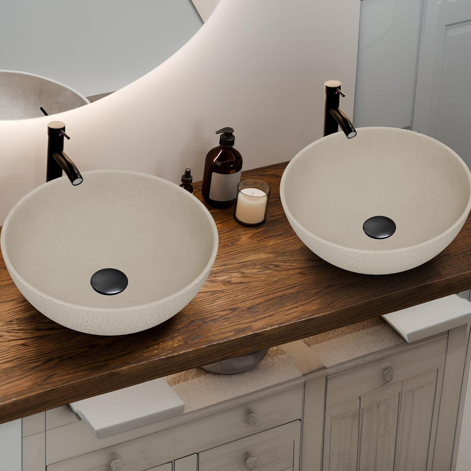 YIMAI Handcrafted Concrete Vessel Sink with Faucet & Drain – Eco-Inspired Coffee Grounds Countertop Basin, 15.7'x5.5', Artisan Brown Cement Bathroom Vanity Bowl for Modern & Luxury Spaces