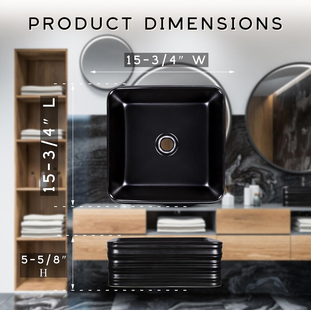 Strictly Sinks 16 Inch Square Black Vessel Sink - Modern Ceramic Countertop Bathroom Sink – Easy to Install Above Counter Luxurious Bathroom Vessel Sink (15-3/4″ W x 15-3/4″ L x 5-5/8″ H)