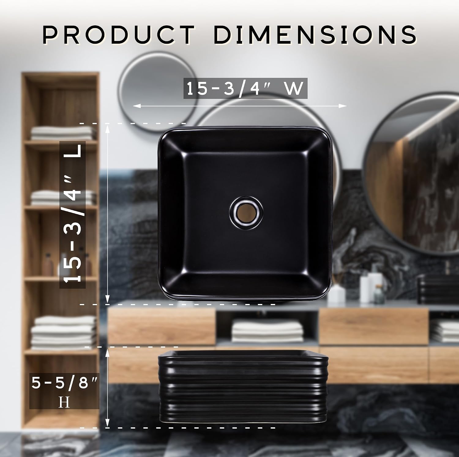 Strictly Sinks 16 Inch Square Black Vessel Sink - Modern Ceramic Countertop Bathroom Sink – Easy to Install Above Counter Luxurious Bathroom Vessel Sink (15-3/4″ W x 15-3/4″ L x 5-5/8″ H)