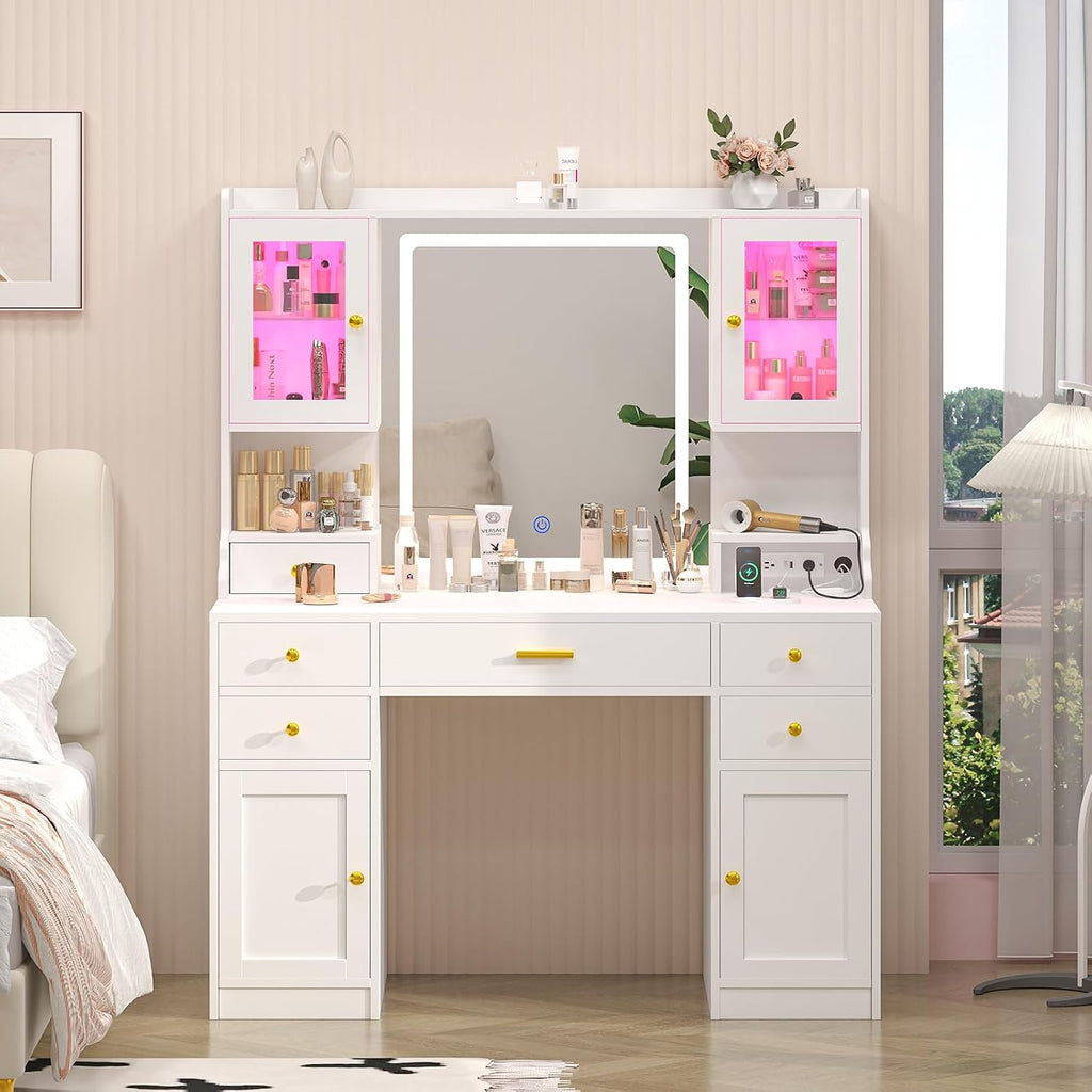Vanity Desk with Mirror and Lights, White Makeup Vanity Table with Charging Station，Large Vanity Desk with 6 Drawers & 2 RGB Cabinet, Dressing Table Set with Lighted Mirror Adjustable, for Bedroom