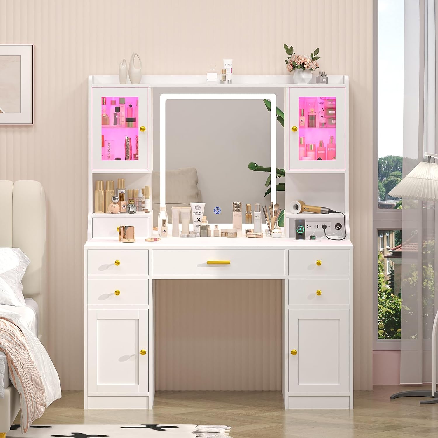 Vanity Desk with Mirror and Lights, White Makeup Vanity Table with Charging Station，Large Vanity Desk with 6 Drawers & 2 RGB Cabinet, Dressing Table Set with Lighted Mirror Adjustable, for Bedroom