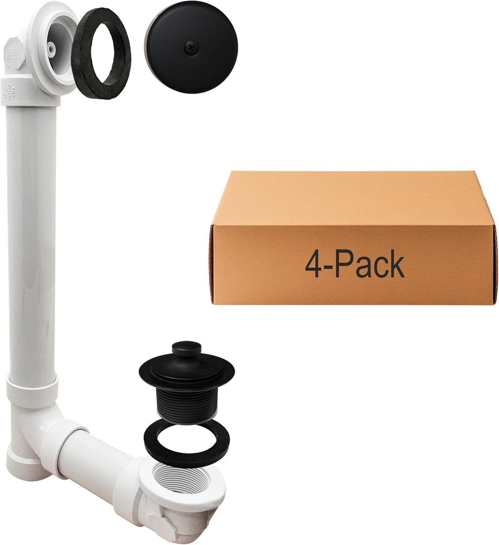 Westbrass D49721-4-62 1-1/2' Bath Waste & Overflow Assembly with Pull Drain Stopper and One-Hole Faceplate Top Elbow - Sch. 40 PVC, Matte Black (4-Pack)