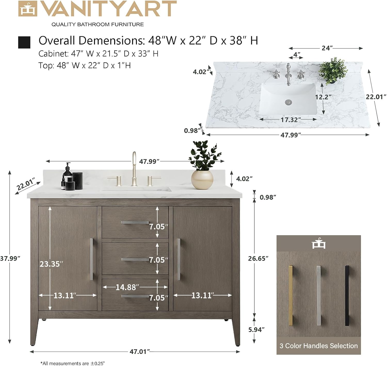 Vanity Art 48 inch Bathroom Vanity with Single Sink & Ceramic Top, Solid Wood, Vanity Cabinet with Soft-Closing Doors, Drawers, Driftwood Gray, Golden Brushed Handware