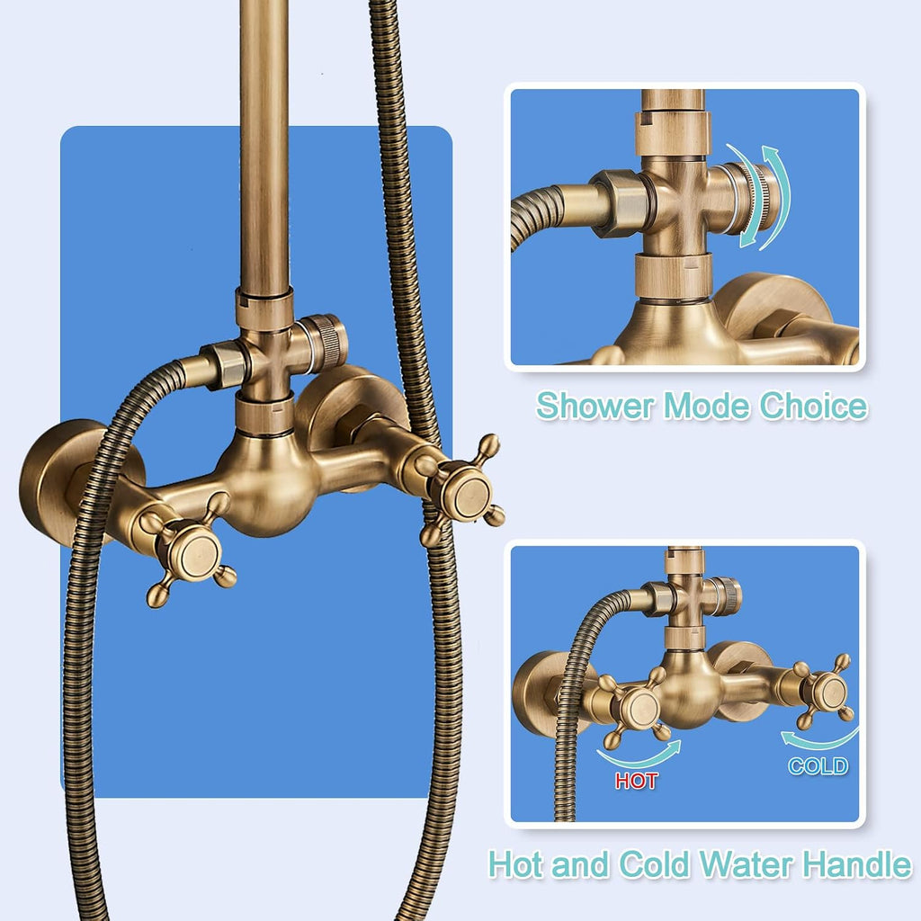 Antique Brass Shower System Bathroom Shower Faucet Set with 8 Inch Rainfall Shower Head Handheld Spray 2 Cross Handles Wall Mounted Outdoor Shower Fixtures Solid Brass