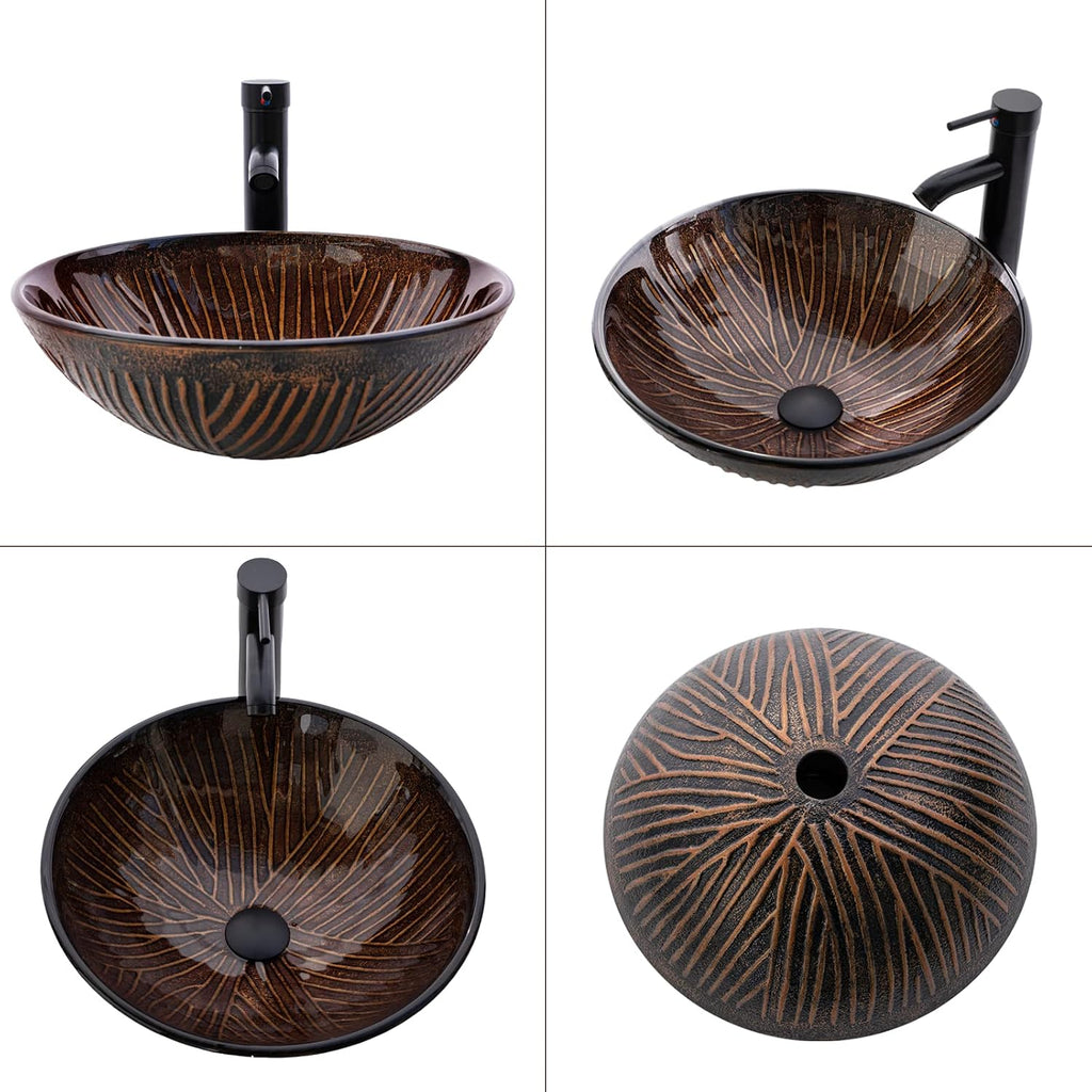 Vessel Sink 16.5' Bathroom Sinks Tempered Glass Brown Art Basin Round Bowl with Faucet Combo, Tree Streak Pattern,Modern Countertop Bowl Sink
