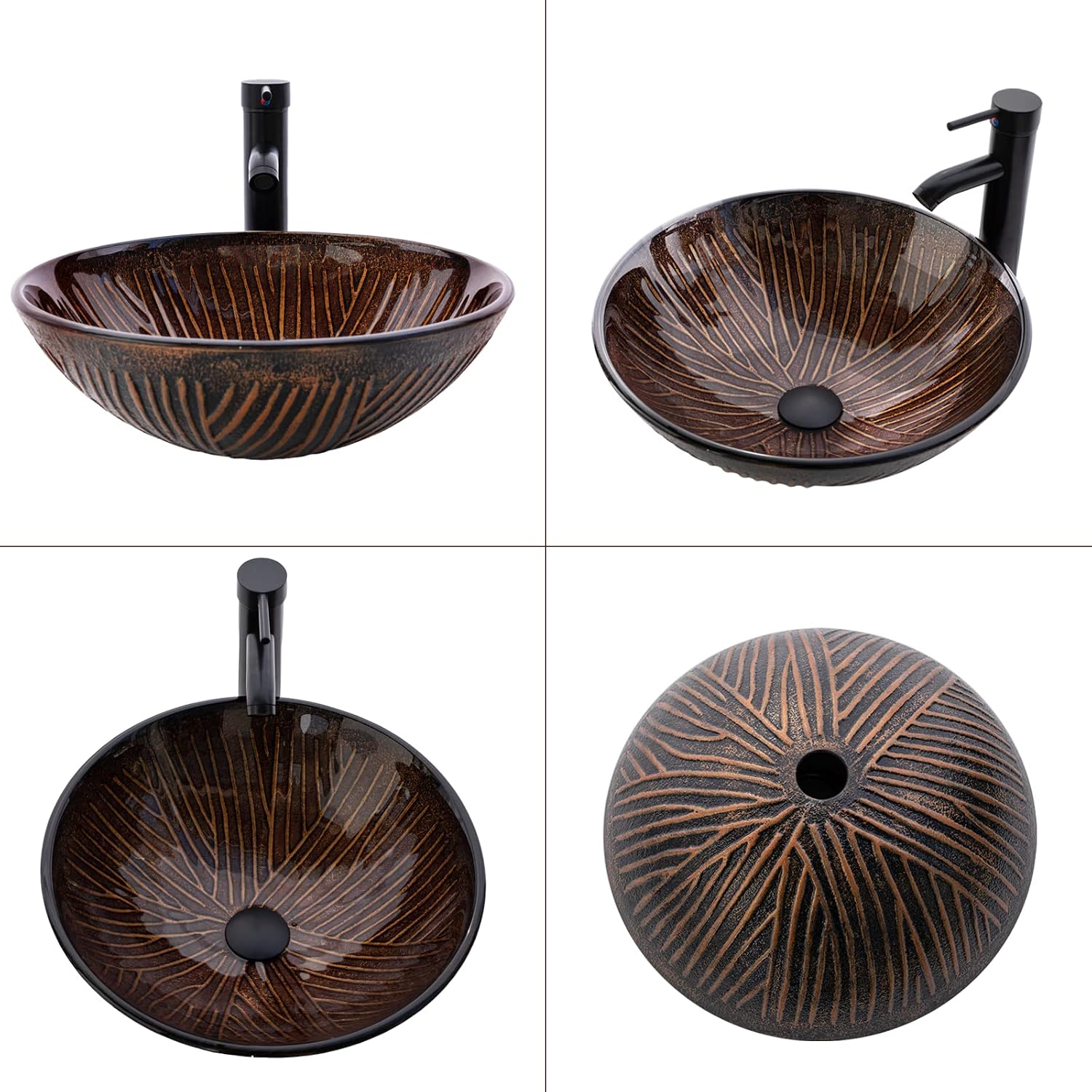 Vessel Sink 16.5' Bathroom Sinks Tempered Glass Brown Art Basin Round Bowl with Faucet Combo, Tree Streak Pattern,Modern Countertop Bowl Sink