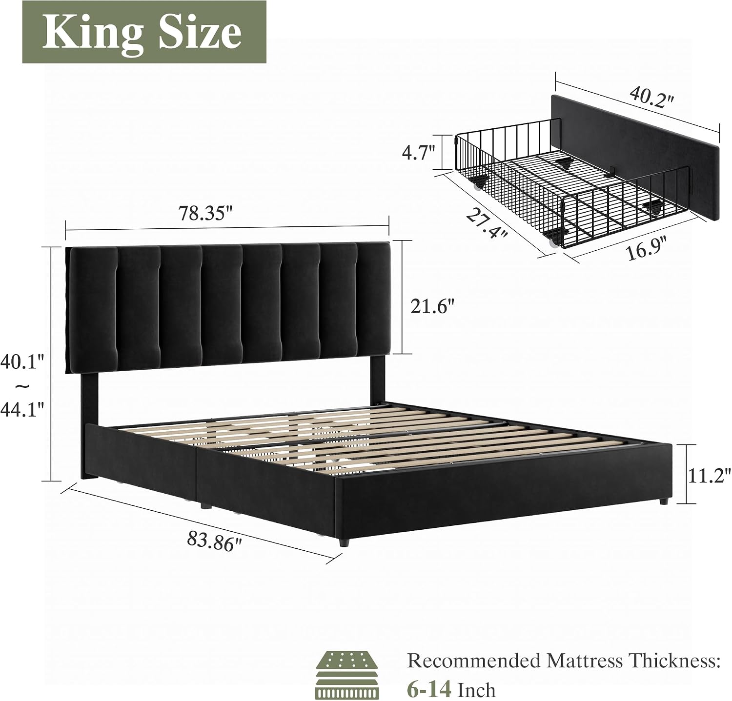 VECELO King Size Bed Frame with 4 Storage Drawers, Adjustable Height Headboard, Heavy-Duty Bedframe with Strong Wooden Slats, No Box Spring Needed, Black