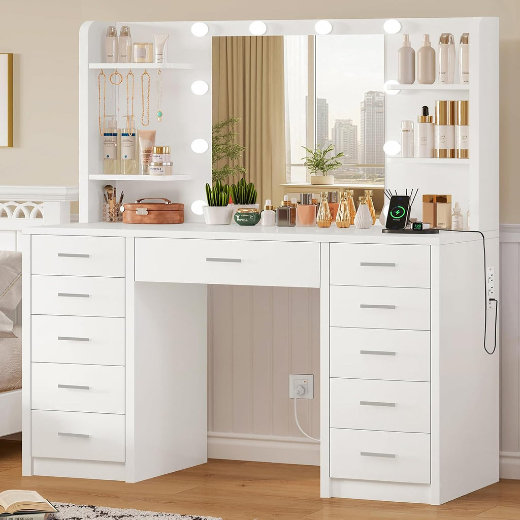 Quimoo Large Vanity Desk with Mirror and Lights, Makeup Vanity with 11 Drawers & 6 Open Shelves, 3 Color Modes & Adjustable Brightness, White Vanity for Girls