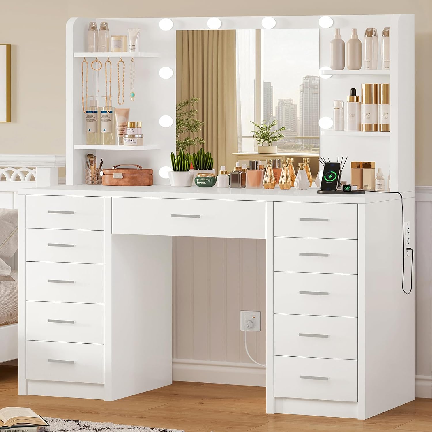 Quimoo Large Vanity Desk with Mirror and Lights, Makeup Vanity with 11 Drawers & 6 Open Shelves, 3 Color Modes & Adjustable Brightness, White Vanity for Girls