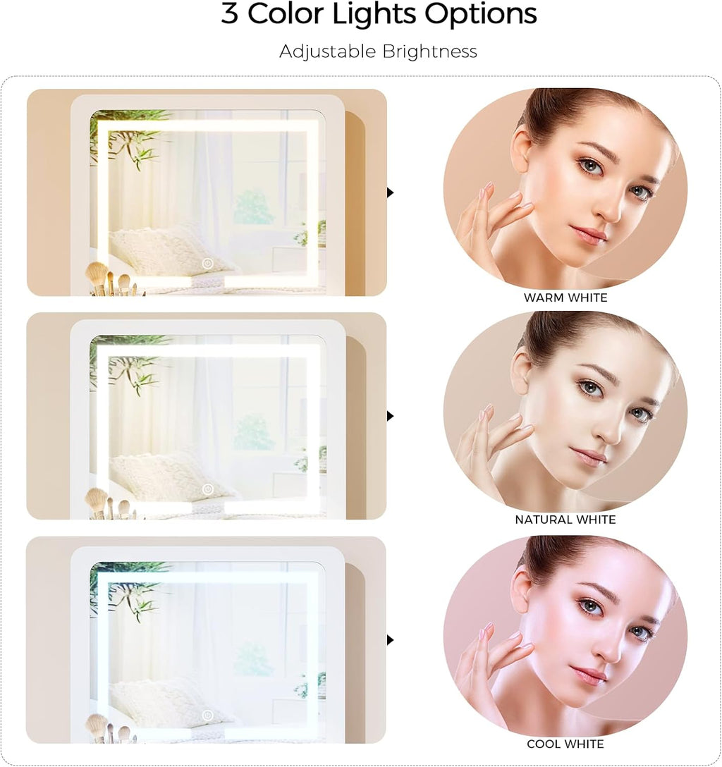 VOWNER 3-in-1 Vanity Desk with Flip Top LED Light Mirror and Glass Desktop, Small Makeup Vanity with 3 Drawers, Compact Dressing Table with Stool for Bedroom, White 19' L