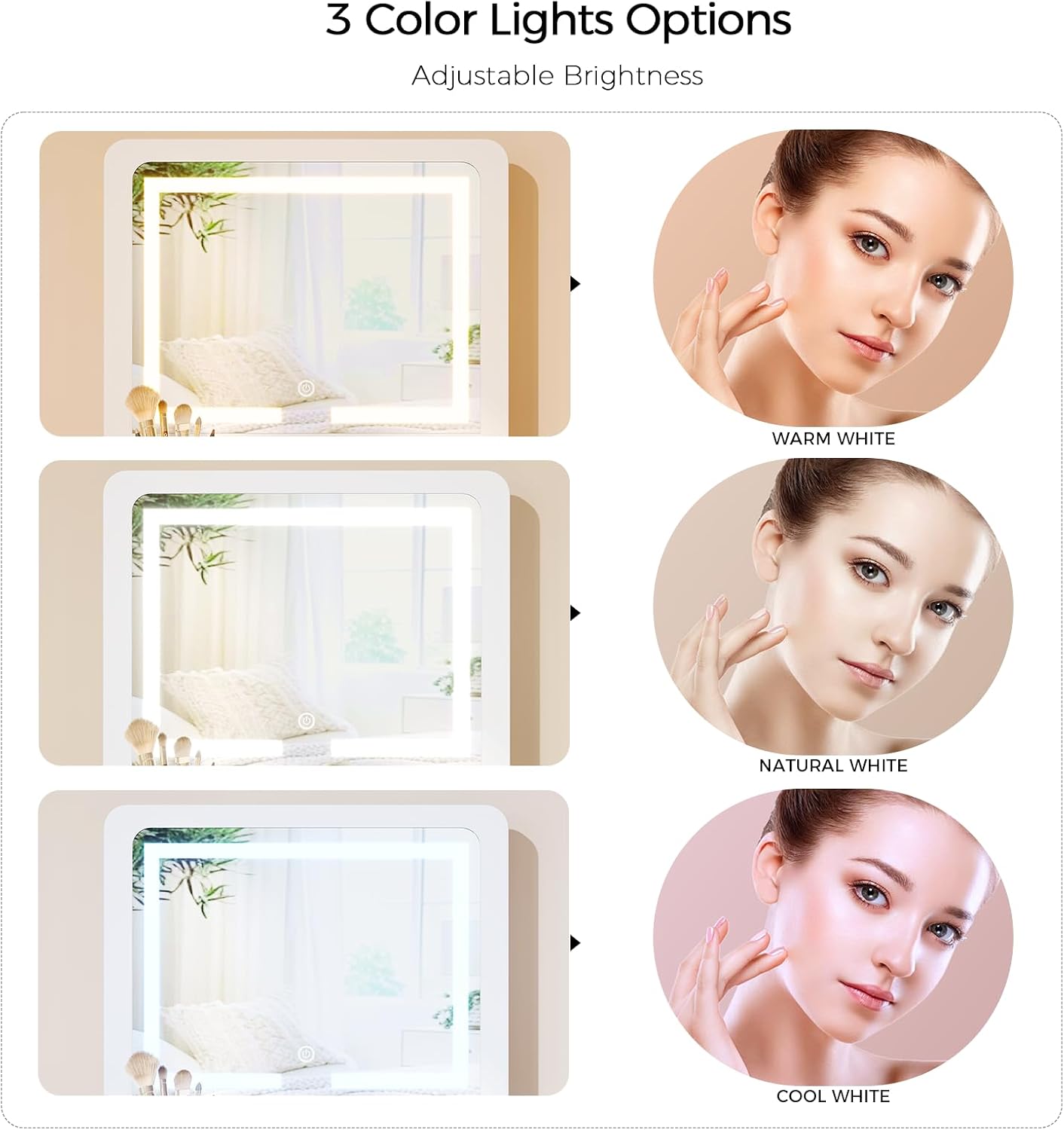 VOWNER 3-in-1 Vanity Desk with Flip Top LED Light Mirror and Glass Desktop, Small Makeup Vanity with 3 Drawers, Compact Dressing Table with Stool for Bedroom, White 19' L
