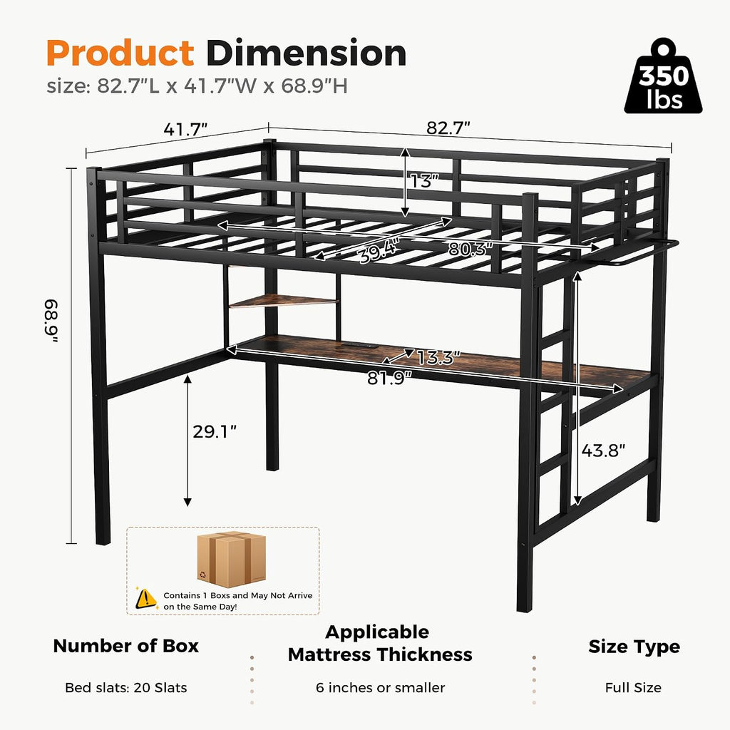 Twin XL Size Metal Loft Bed with Desk, LED Lights & USB Charging Station, Sturdy Noise-Free High Loft Bed Frame with Safety Guardrails, Space-Saving Loft Bedframe for Kids, Teens, Black (Twin XL)
