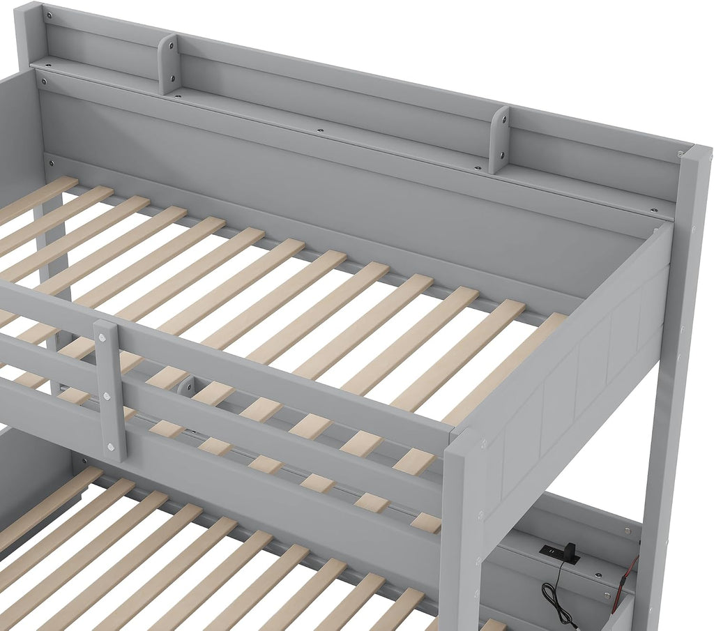 RUNNA Twin Over Full Bunk Bed with Storage Shelves, LED, Charging Station and a Drawer, Solid Wood Bunk Bed for Kids, Teens, Adults (Grey/LED)