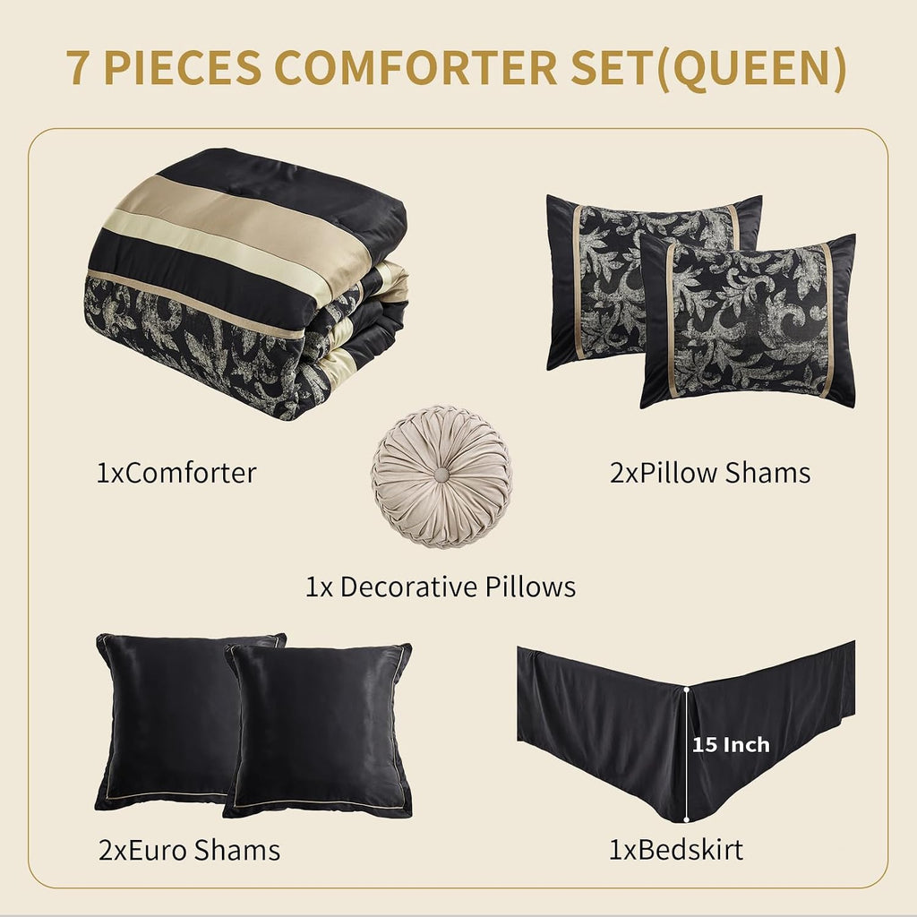 SahSahCasa 7-Piece Luxury Queen Comforter Set, Bed in a Bag Queen, Black and Gold Fluffy Bedding Comforter Set with Bed Skirt, Decorative Pillows and Shams, Down-Alternative Thick Jacquard Comforter