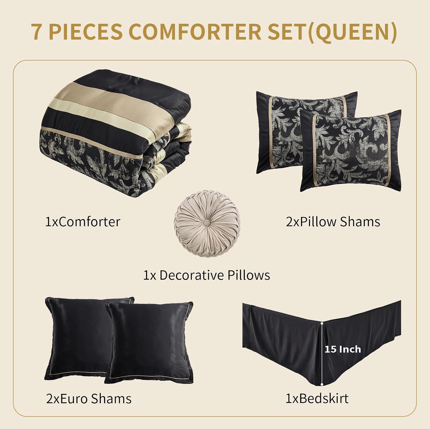 SahSahCasa 7-Piece Luxury Queen Comforter Set, Bed in a Bag Queen, Black and Gold Fluffy Bedding Comforter Set with Bed Skirt, Decorative Pillows and Shams, Down-Alternative Thick Jacquard Comforter