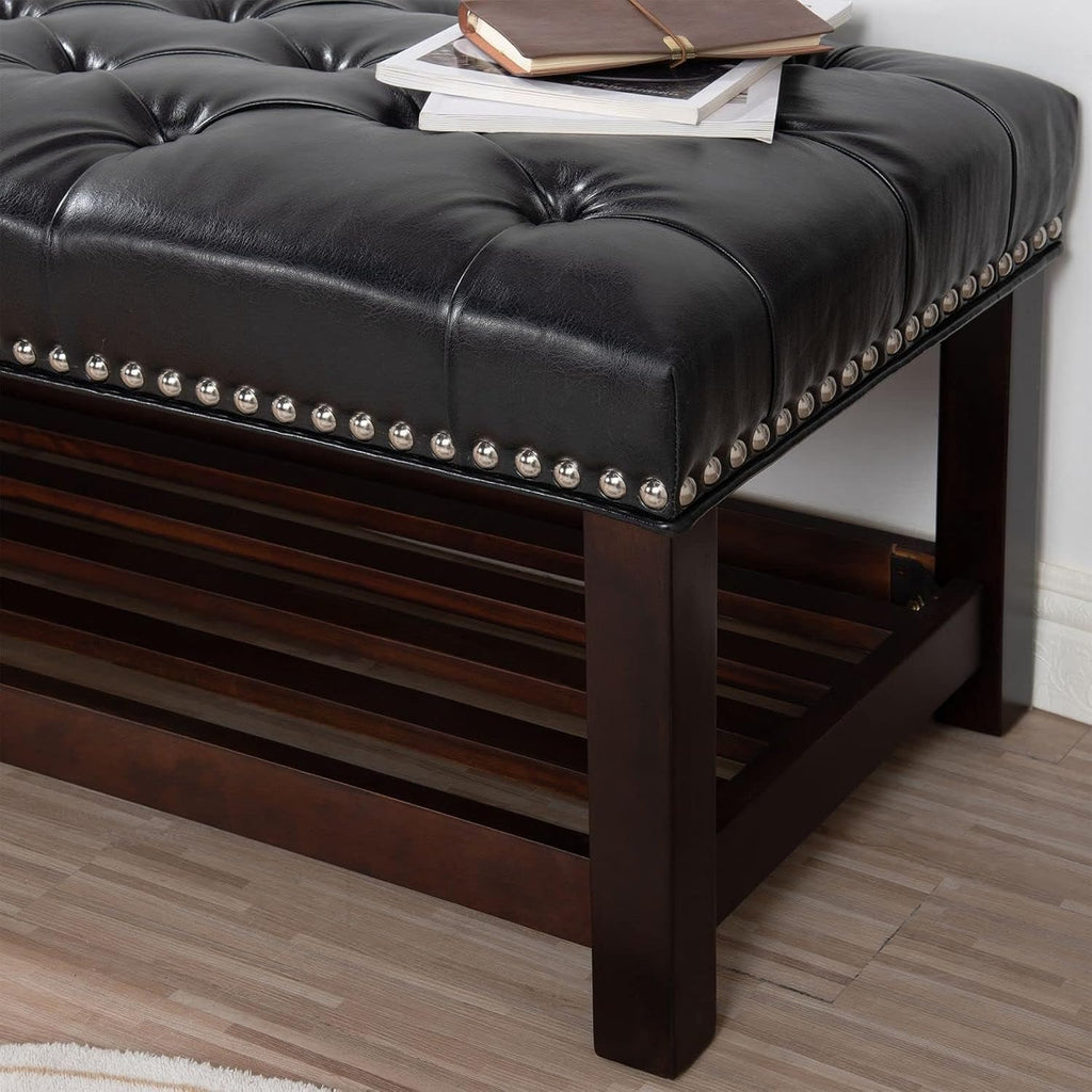 60in Button-Tufted Leather Indoor Bench,Black Upholstered Shoe Bench Entryway, Bedroom Bench Seat, End of Bed Ottoman, Vanity Bench with Wooden Base Shoes Rack (Black+Wooden)