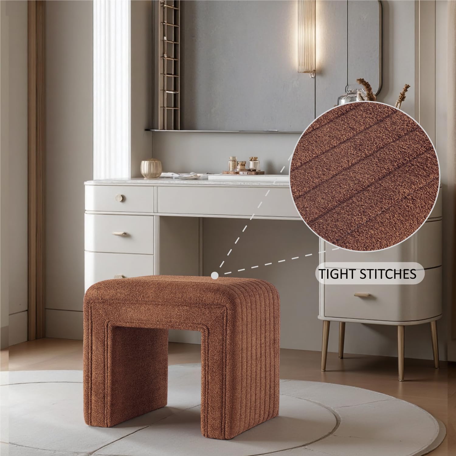 Get Set Style Vanity Stool Chair,Modern Boucle Ottoman Foot Stool with Wooden Legs Sofa Bench Footstool Extra Seat for Vanity,Makeup Room,Living Room,Entryway,Office (Fully Assembled) (Brown)