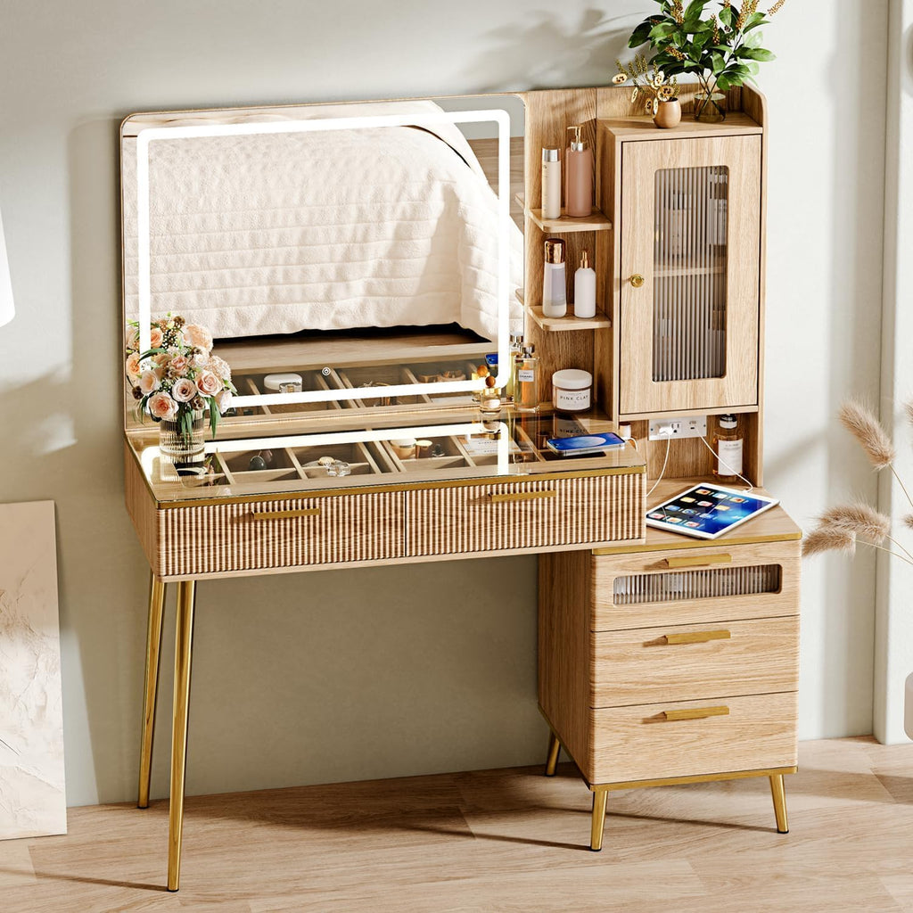 Arulvmrn Vanity Desk with 29.53' HD Lighted Mirror, 47.24' Big Modern Vanity Desk with Mirror and Lights, Makeup Vanity with 5 Drawers and Storage Shelves and Charging Station, Oak