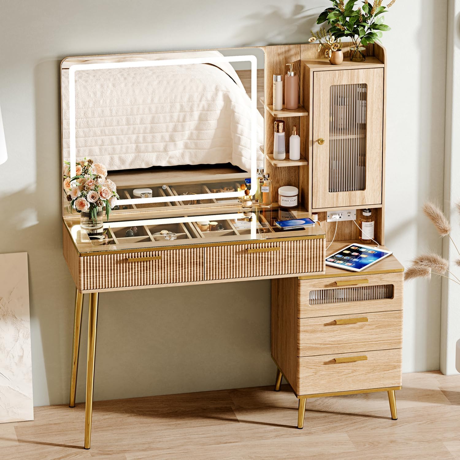 Arulvmrn Vanity Desk with 29.53' HD Lighted Mirror, 47.24' Big Modern Vanity Desk with Mirror and Lights, Makeup Vanity with 5 Drawers and Storage Shelves and Charging Station, Oak