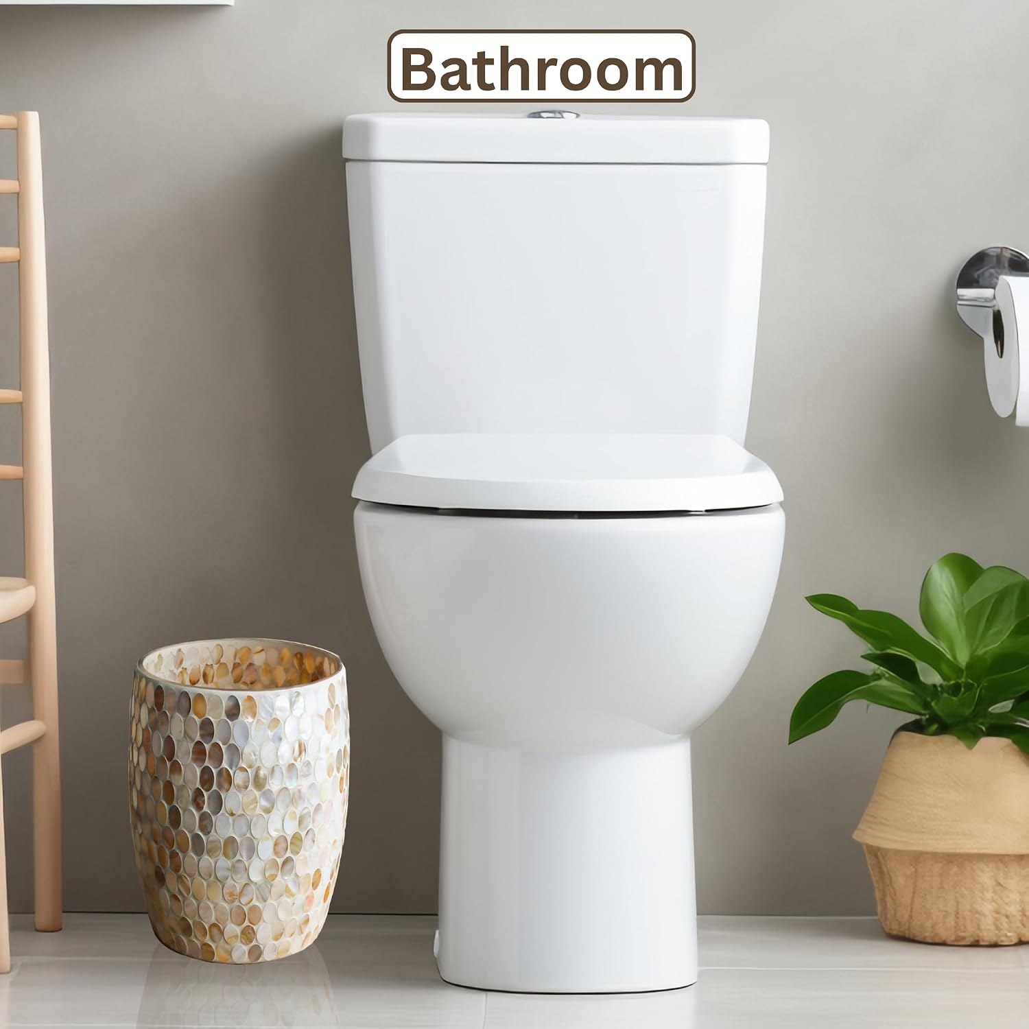 Natural Shell Bathroom Accessories Sets 5 Pcs | Luxurious Glass Soap Dispenser, Toothbrush Holder, Cotton Glass Jar, Small Bathroom Trash Can, Toilet Brush | Modern Seashell Bathroom Decor