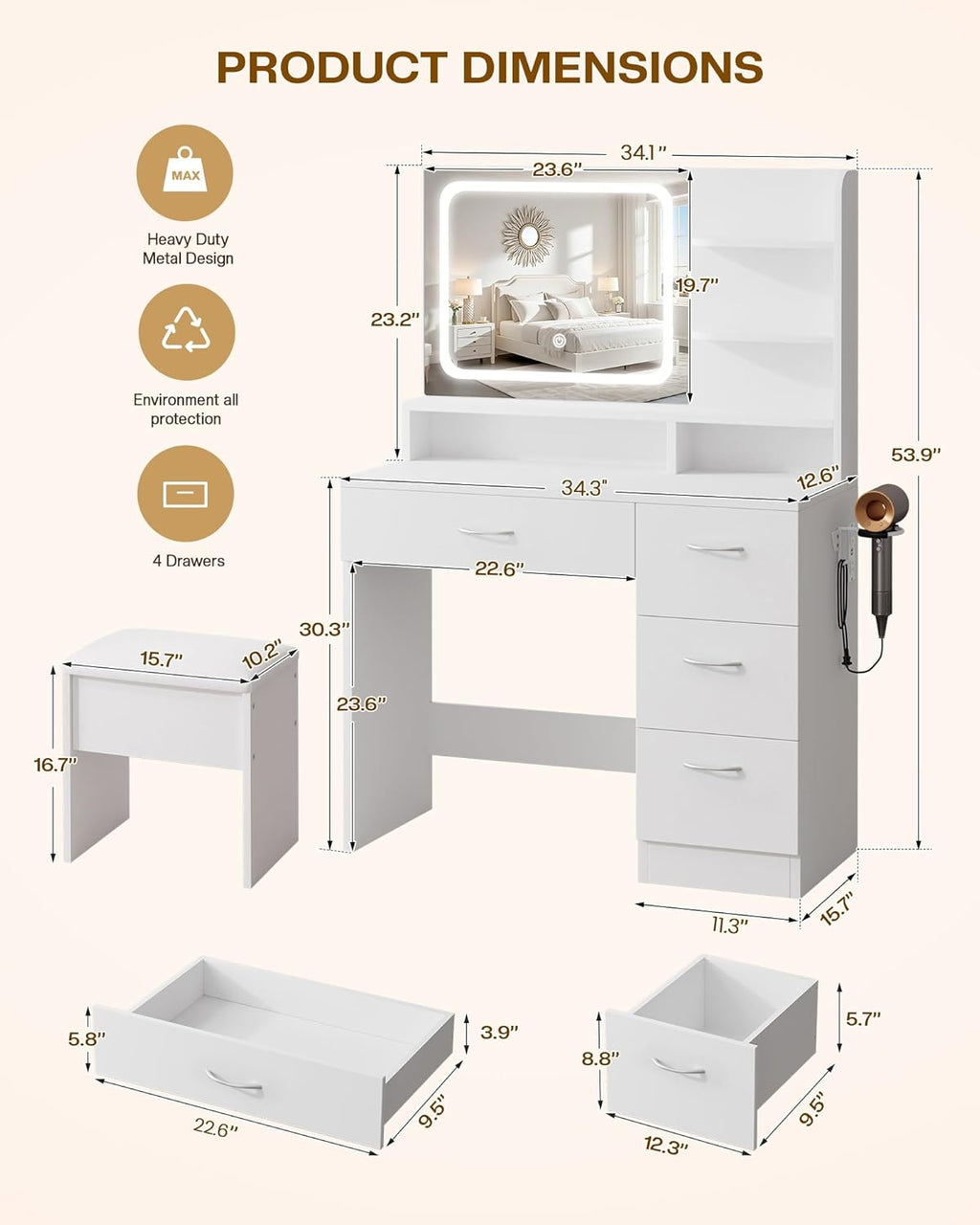 LIVELYGLOW Makeup Vanity Desk with Smart LED Mirror & Charging Station, 34.1' White Vanity Table Set with Cushioned Stool, 4 Drawers & Hairdryer Rack, Modern Bedroom Dressing Table-White