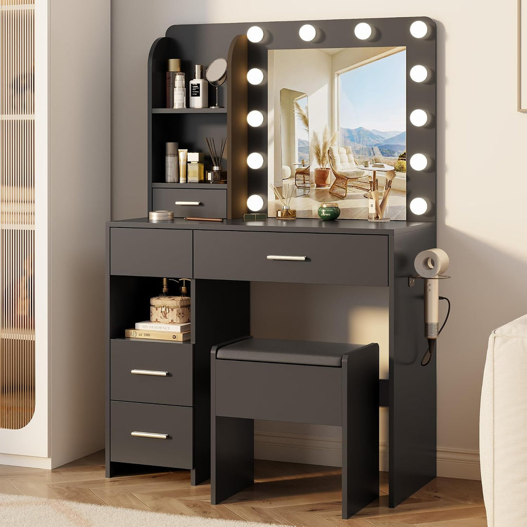 Otterease Vanity Desk with LED Lighted Mirror&Power Outlet, 3 Lighting Colors Makeup Vanity Desk with 5 Large Drawers and 3 Storage Shelves, Black Vanity with Storage Stool for Bedroom