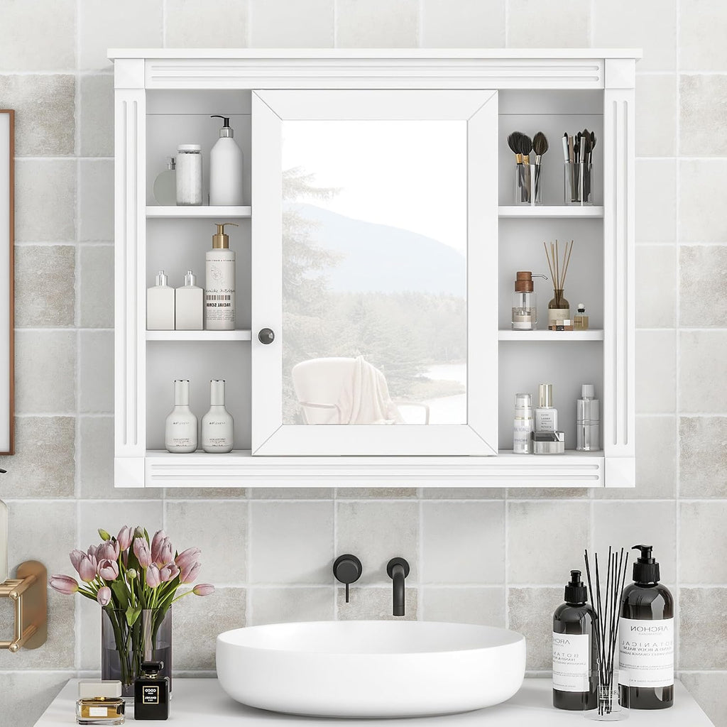 Merax Medicine Cabinet with Mirror, Wall Mount Bathroom Cabinet 35' x 28' Over Toilet Storage Cabinet Organizer with Door and Open Shelves, Mirrored Bathroom Wall Cabinet