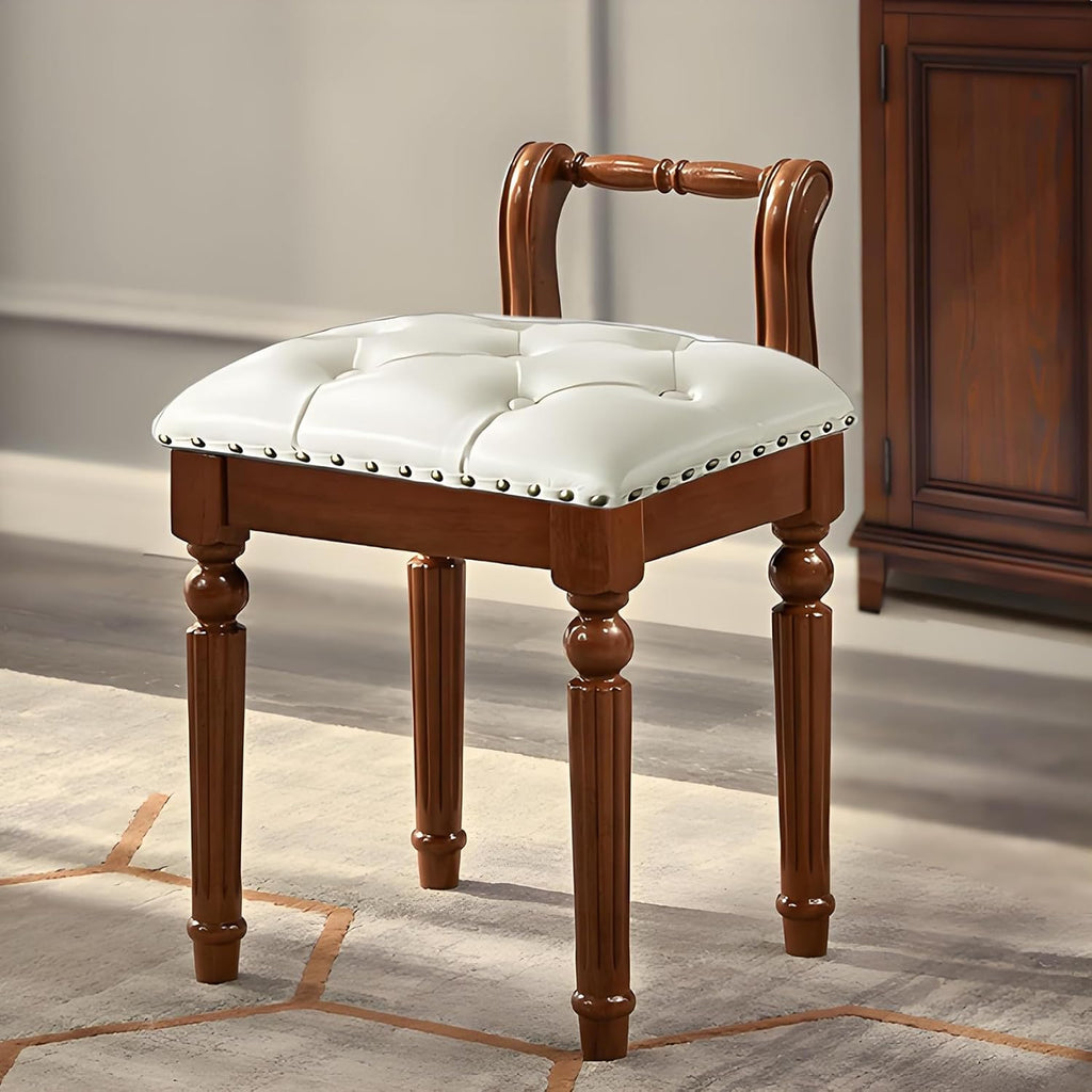 Domesto Low Back Vanity Bench Stool with Padded Cushion, Leather Retro Makeup Stool, Solid Wood Carving Legs Piano Bench (White)