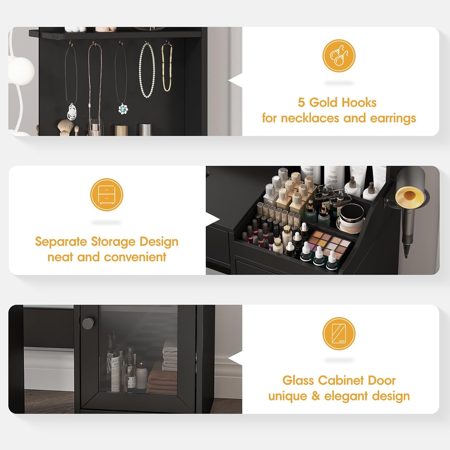 Vabches Vanity with Mirror and Lights,Makeup Vanity Table with Charging Station,Dressing Table with Stool & 3 Storage Compartments,3 Color Modes Available for Bedroom,Black
