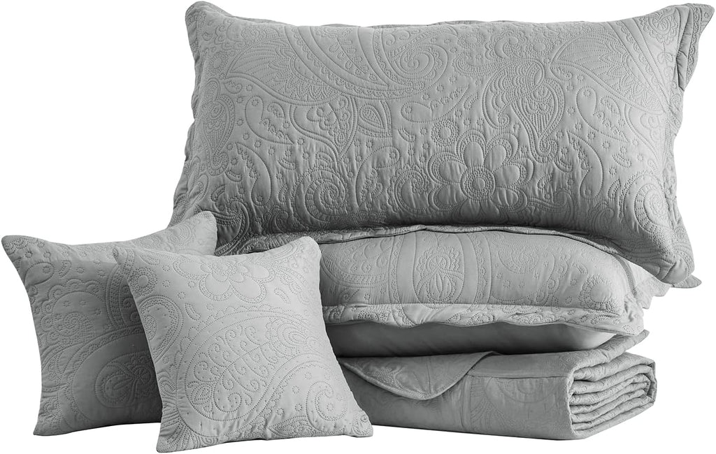 Oversized King Bedspread 128x120 Extra Wide, Ultrasonic Lightweight Bedding Cover, Paisley Pattern, Reversible, 5 Piece, 100% Microfiber, Grey