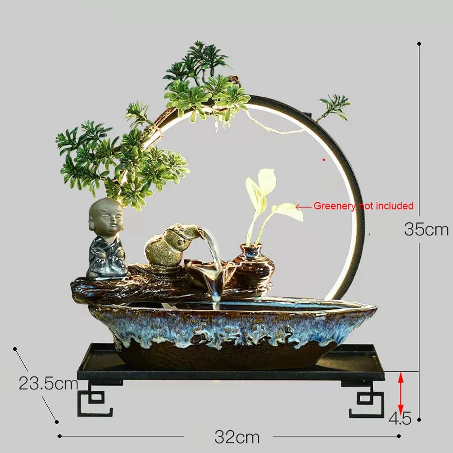 Tabletop Fountain Indoor Relaxation Desktop Fountain Waterfall Ceramic Tabletop Water with Black Metal Base and LED Light Zen Relaxing Feature Interior Spa Yoga Decoration