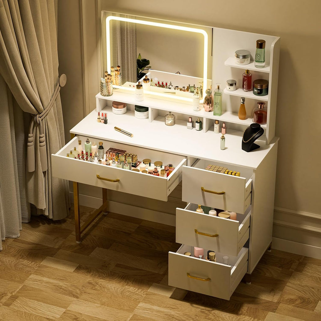 COMHOMA Vanity Desk with Mirror and Lights, Makeup Vanity Table with 4 Drawers & Storage Shelves, Large HD Mirror, 3 Color Modes & Adjustable Brightness, Modern Dressing Table for Bedroom, Pearl White