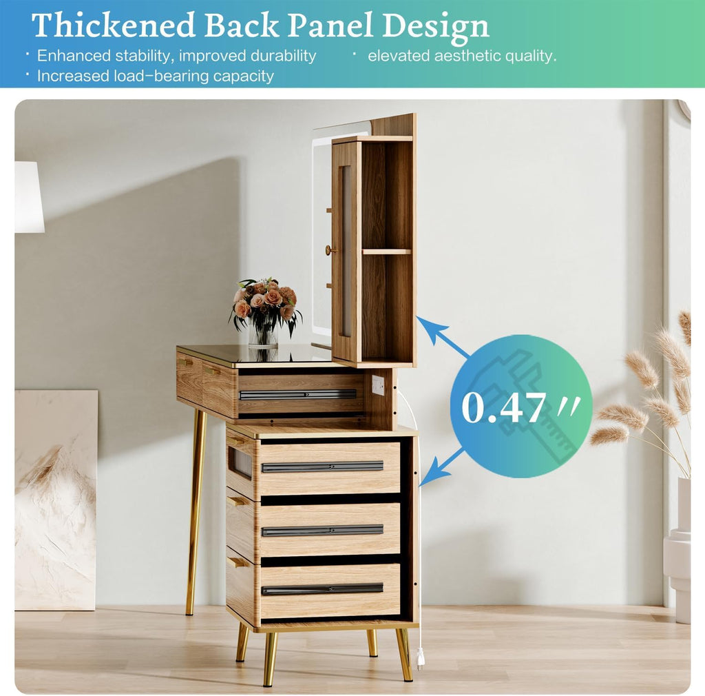Arulvmrn Vanity Desk with 29.53' HD Lighted Mirror, 47.24' Big Modern Vanity Desk with Mirror and Lights, Makeup Vanity with 5 Drawers and Storage Shelves and Charging Station, Oak