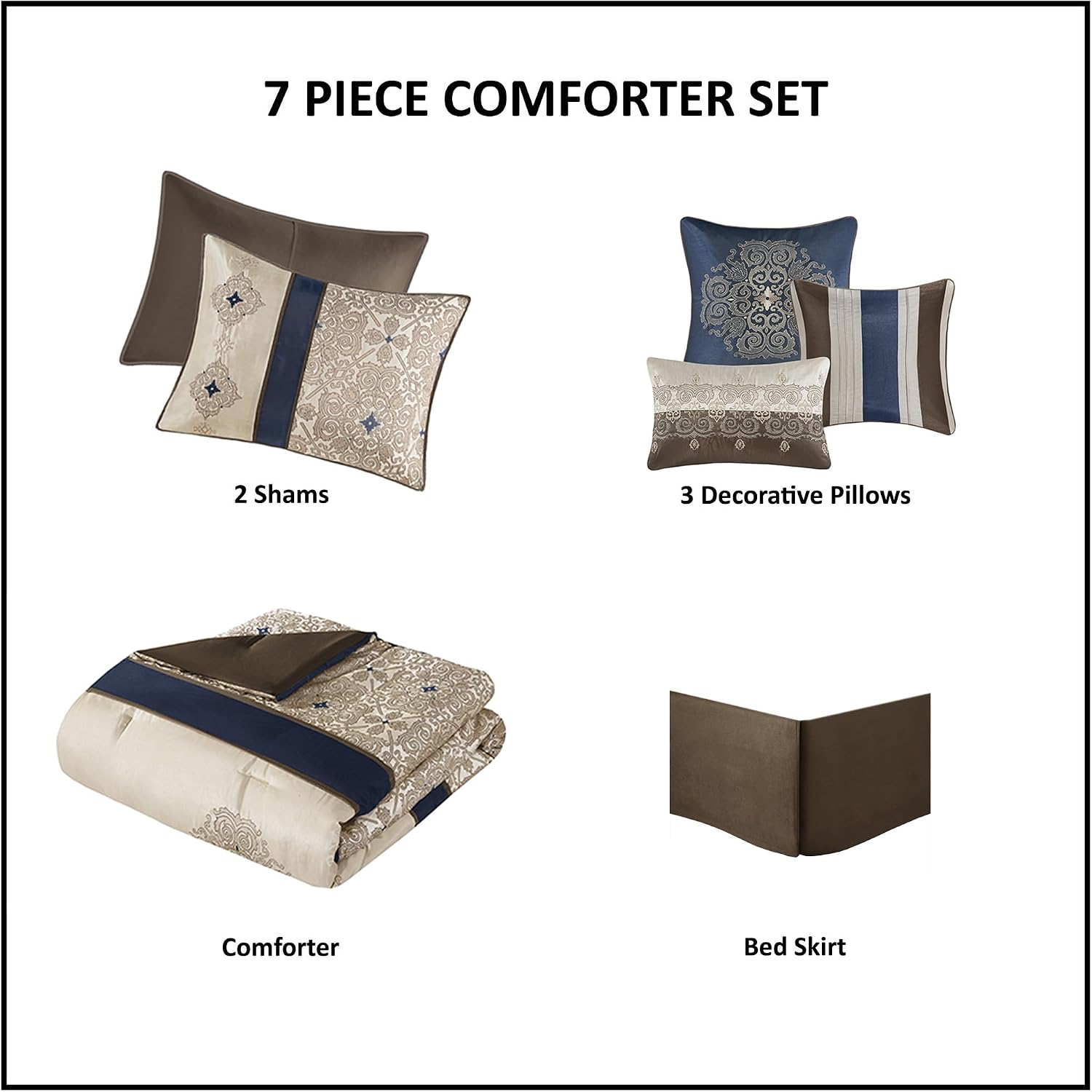 Madison Park Comforter Faux Silk-Traditional Luxurious Jacquard Design All Season Set, Matching Bed Skirt, Decorative Pillows, Queen(90'x90'), Navy 7 Piece