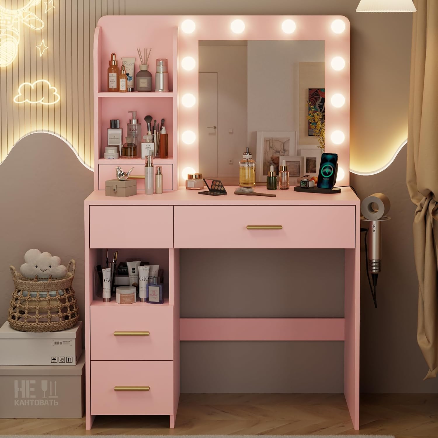 Otterease Vanity Desk with LED Lighted Mirror&Power Outlet, 3 Lighting Colors Makeup Vanity with 5 Large Drawers and 3 Storage Shelves, Vanity with Storage Stool for Bedroom, Pink
