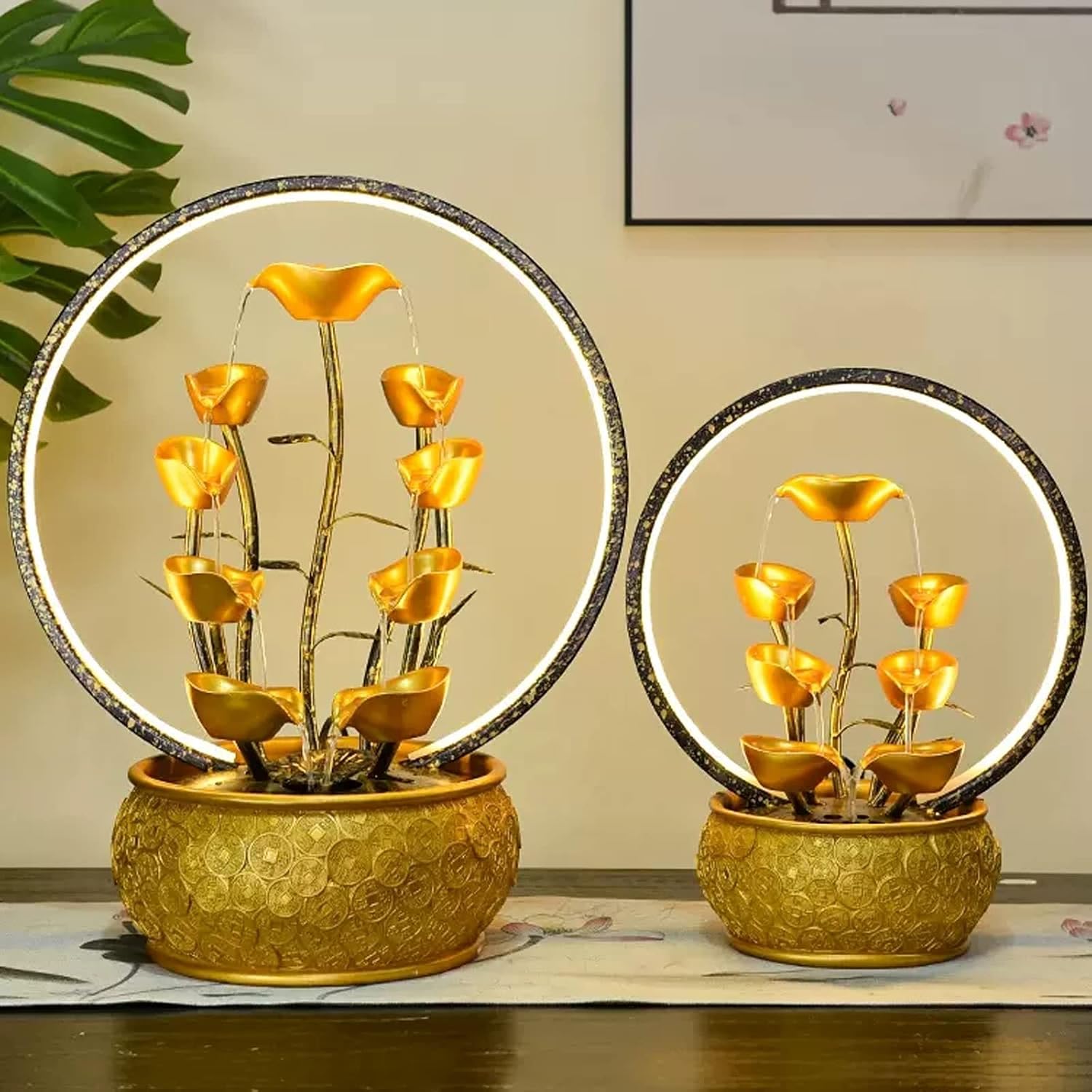 Tabletop Fountain Indoor Fountain Tabletop Waterfall Fountains Relaxation Water Feature Feng Shui Good Luck Wealth Desktop with Light Home and Office Decor, Gold(Large)