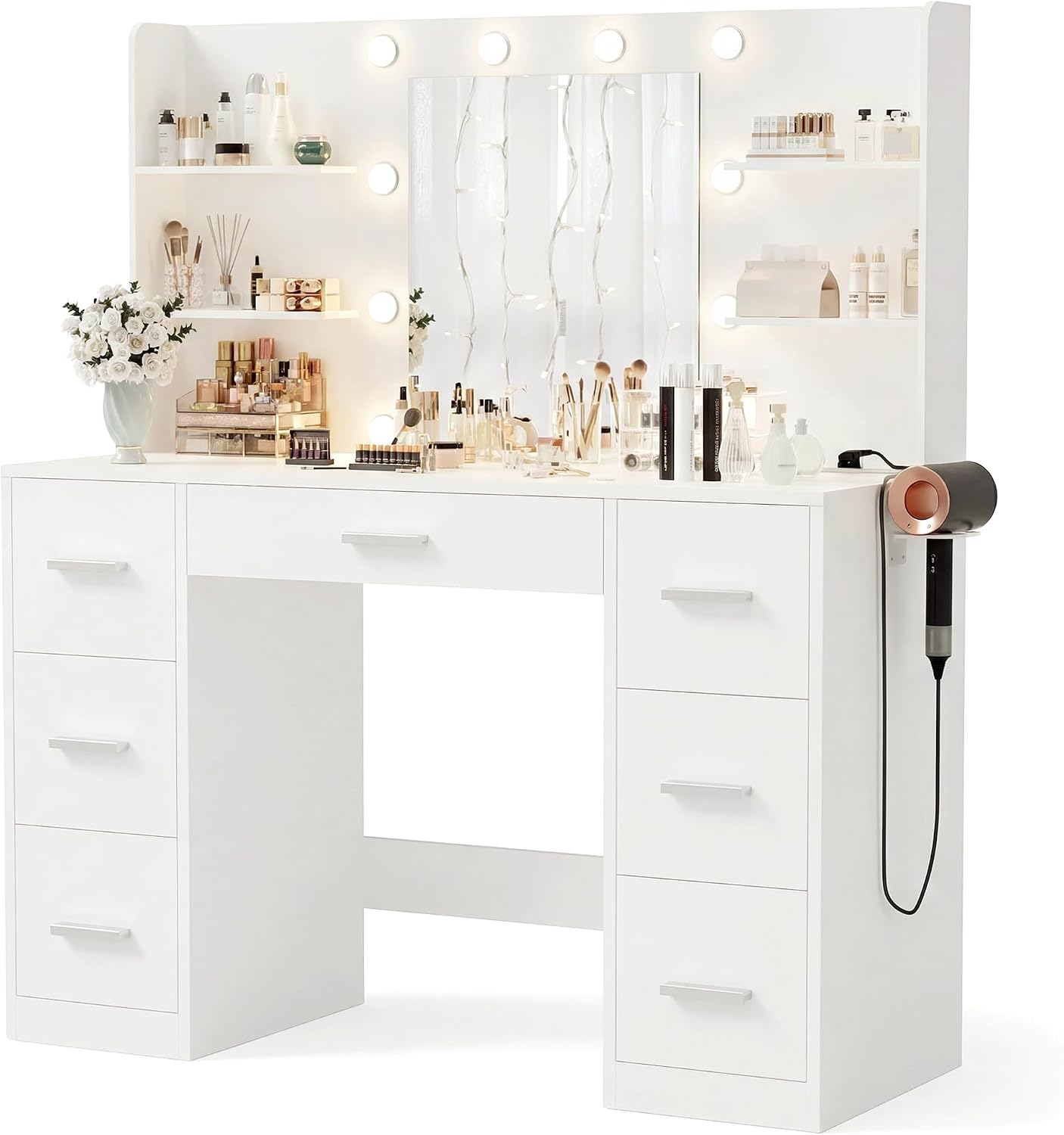 Furmax Vanity Desk with Mirror, LED Lights and Power Outlet Makeup Vanity Table with 7 Drawers and 6 Storage Shelves Dressing Table for Bedroom Dressing Room (Bright White)