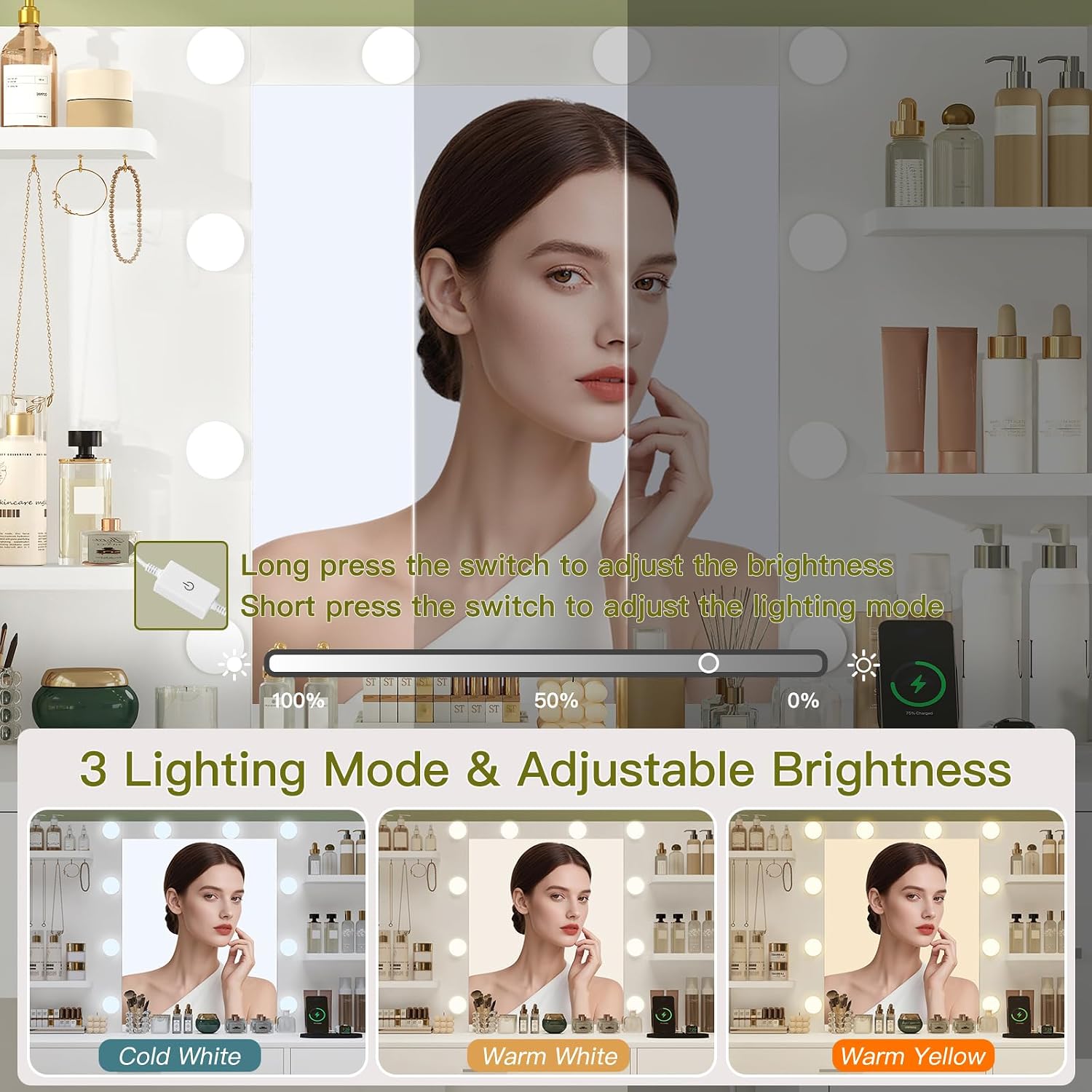 Quimoo Vanity Desk with Mirror and Lights, Makeup Vanity with Power Outlet and 4 Drawers & 6 Shelves & 5 Hooks, 3 Color Modes & Adjustable Brightness, White Vanity for Bedroom