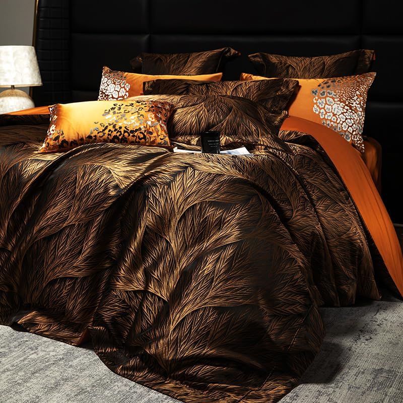 100% Long Staple Cotton Luxury 6-Piece Set, Elegant Black and Gold Satin Bedding Set, 3D Embroidered Jacquard, Quilt Cover，Sheet+2 Pillowcases and 2 Cushion Covers (Black Gold,Full)