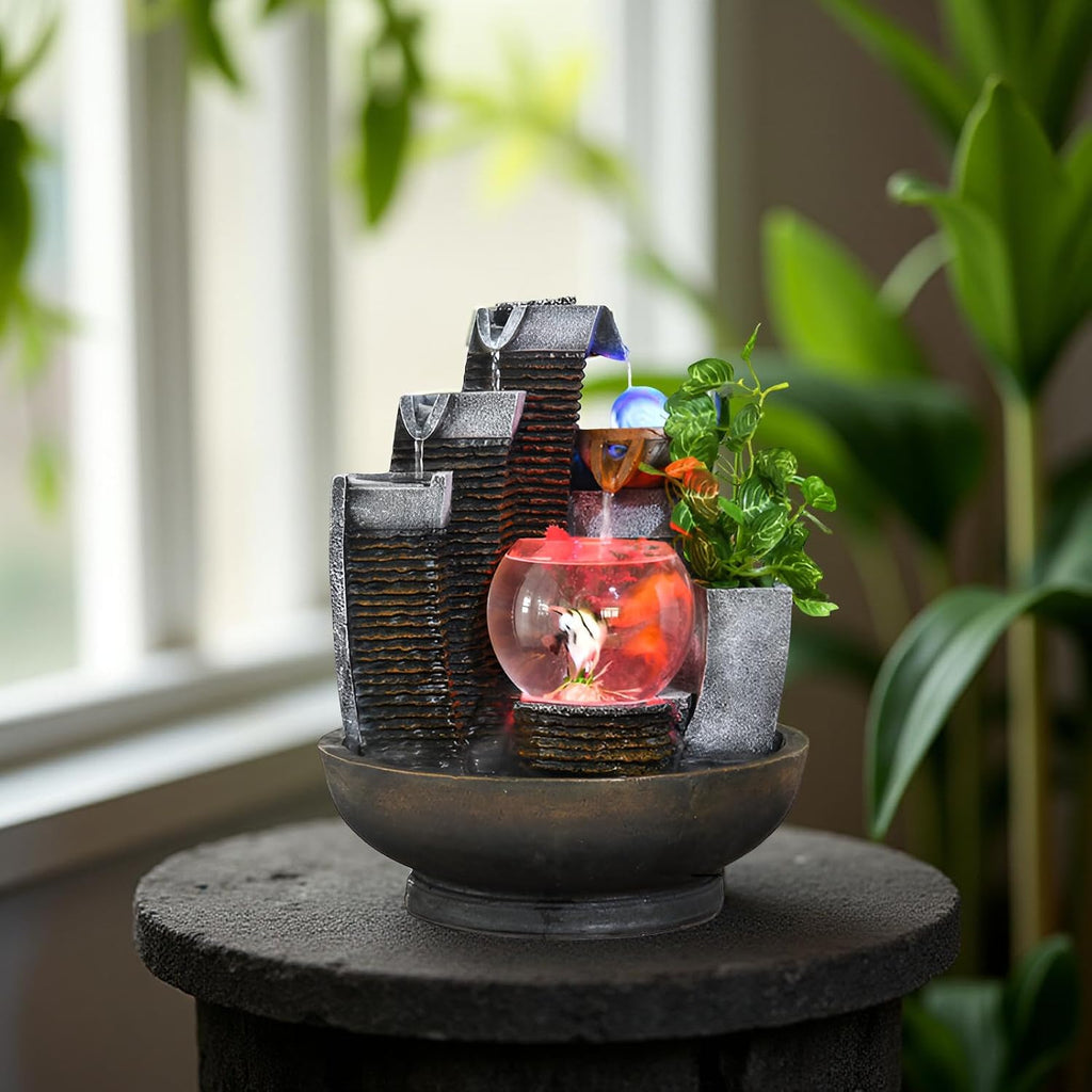 16.93' Indoor Tabletop Fountain with LED Fish Tank, Lighted Crystal Ball & Free 10 Natural Crystals – Water Feature for Home, Office, Entryway & Housewarming Gift (Fish Tank)