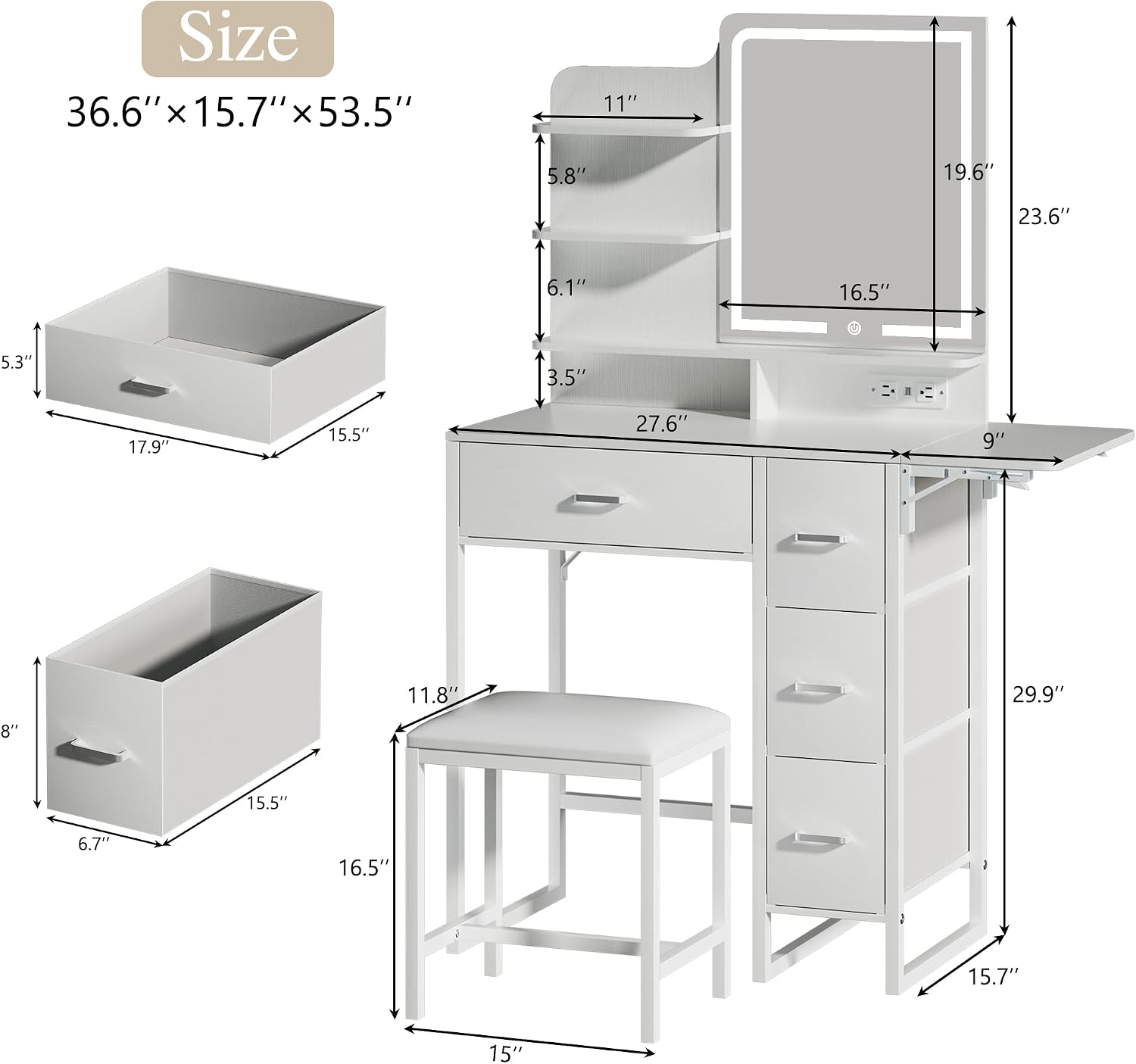 ALEXNUTRE Makeup Vanity Desk with Mirror and Lights, 36.6' Small Makeup Vanity with 4 Fabric Storage Drawer & Chair & Shelves, White Vanity with Fold-up Panel and Power Outlet for Bedroom