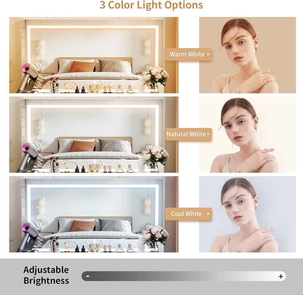 VOWNER Vanity With Lighted Mirror - Makeup Desk With Power Outlet and 9 Drawers, 3 Color Lighting Modes Adjustable Brightness, 43' Table With Soft Cushioned Stool for Bedroom, White