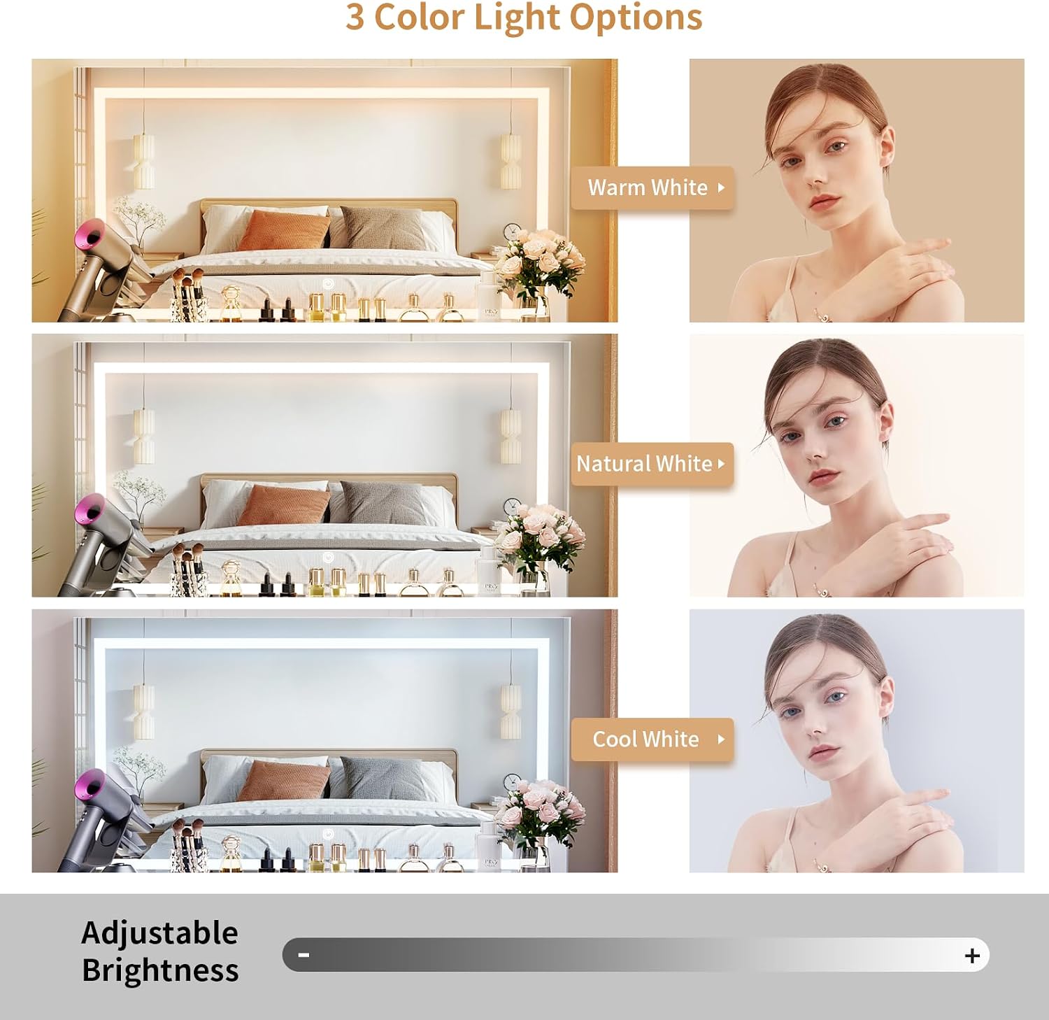 VOWNER Vanity With Lighted Mirror - Makeup Desk With Power Outlet and 9 Drawers, 3 Color Lighting Modes Adjustable Brightness, 43' Table With Soft Cushioned Stool for Bedroom, White